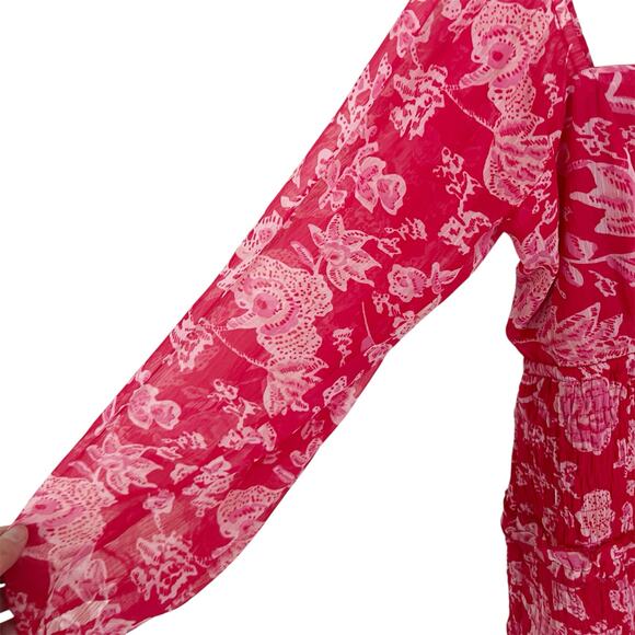 Sim & Sam Red and Pink Floral Print Smocked Milkmaid Mini Dress Size Medium - Picture 6 of 8